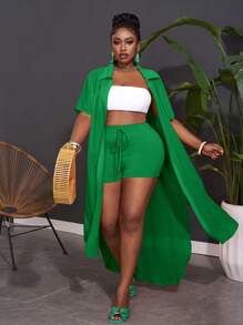 Slaydiva Bộ đồ ngủ và quần short vải voan màu cam rộng rãi thoải mái ngày lễ cỡ lớn không có thun, áo sơ mi đi biển mùa hè, trang phục hai mảnh mùa hè - màu xanh lá - Xem 5