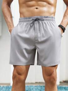 Surfspeed Men's Casual Solid Color Drawstring Waist Beach Shorts - Light Grey - View 6