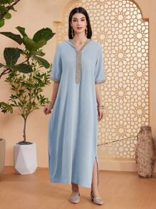 Al Najma 女式拼接织带连帽半袖宽松土耳其连衣裙，朴素的卡夫坦 - 藍色 - 查看 7