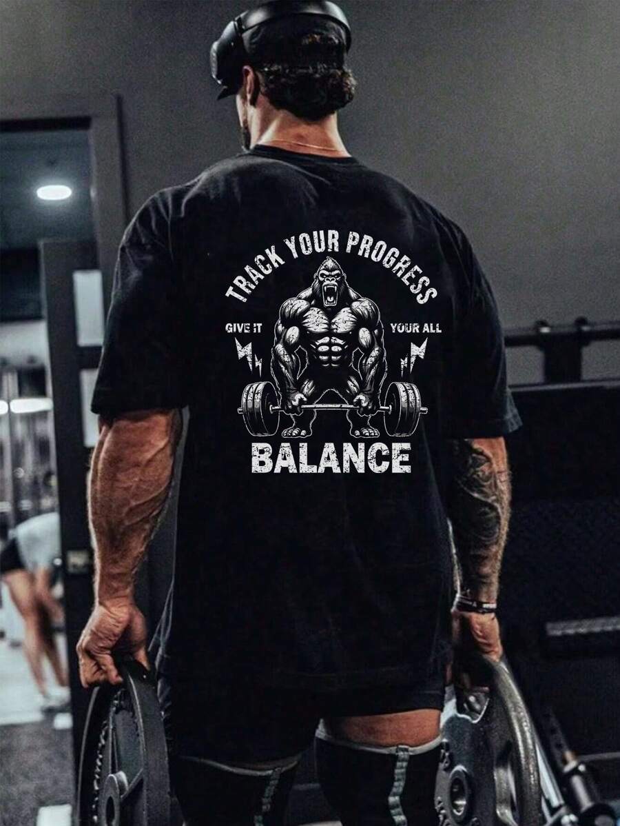 Manfinity Sport PWRUP 男式标语和大猩猩印花圆领短袖运动T恤健身上衣透气 - 黑色 - 查看 1