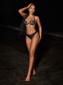 Swim SXY Rhinestone Studded Underwire Summer Beach Bikini Set - Black - View 4