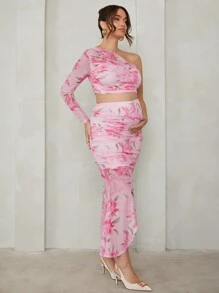 MaterniChic Valentine's Day Floral Asymmetrical Shoulder 2pcs Maternity Set - Pink - View 3