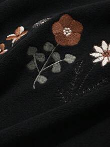 FRIFUL 女式花卉刺绣圆领落肩长袖休闲 T 恤，秋季，图案 T 恤高领女式 - 黑色 - 查看 8