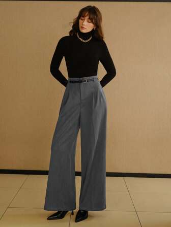 MOTF STUDIO SOLID ZIPPER FLY SLANT POCKET FOLD PLEATED WIDE LEG SUIT PANTS WITH BELT