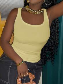 Slaydiva Áo ba lỗ không tay cổ chữ U sâu không tay đơn giản màu trắng - Màu vàng - Xem 3