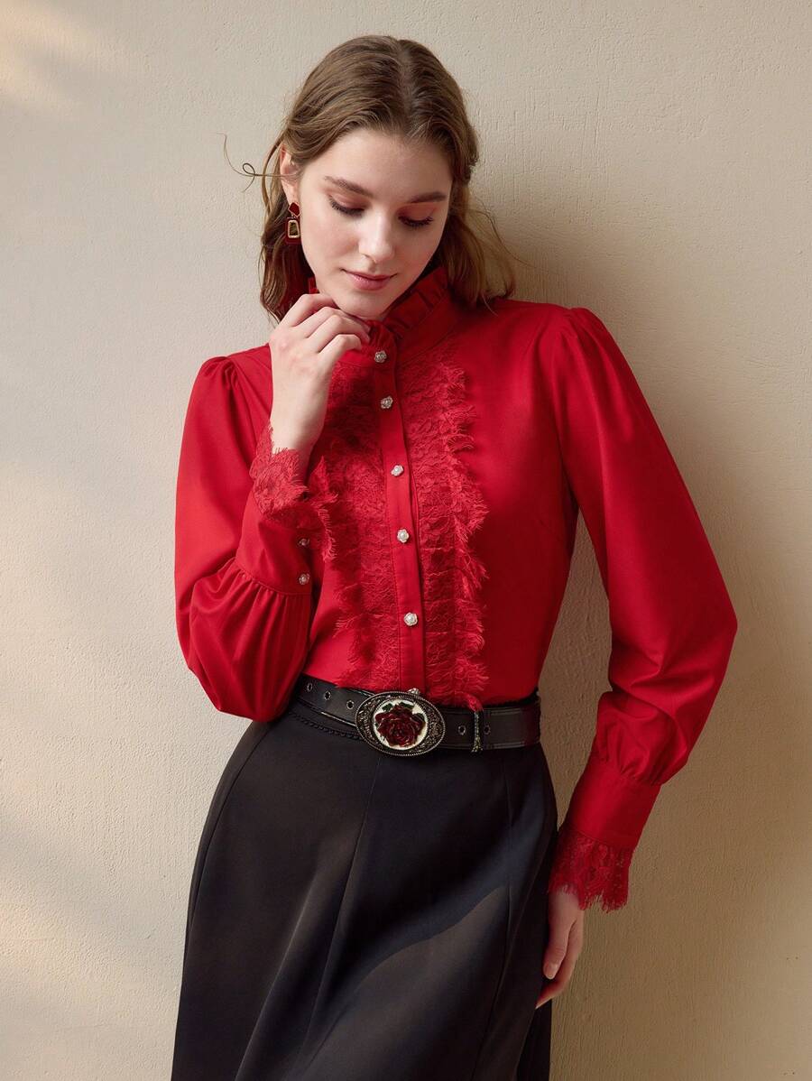 MOTF PREMIUM CONTRAST LACE BUTTON UP SHIRT - Red - View 2