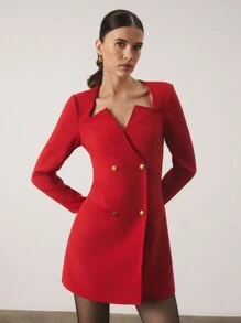 COSMINA Robe mini urbaine de navettage à manches longues et col en V rouge pour femmes, tenue du Nouvel An