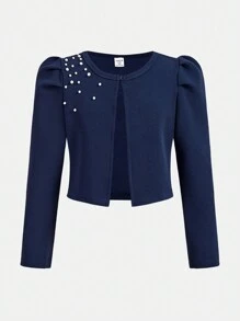 SHEIN Dziewczęca dzianina teksturowana, ładny bufiasty rękaw, elegancki krótki kołnierzyk ze stójką, perłowa dekoracja, kurtka płaszcz