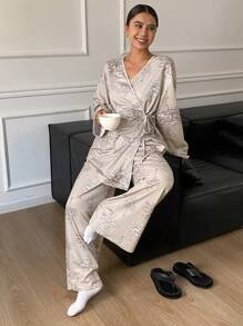 DAZY 3pcs/Set Elegance Tree Pattern Printed Robe With Camisole & Long Pants Pajama Set - Khaki - View 7