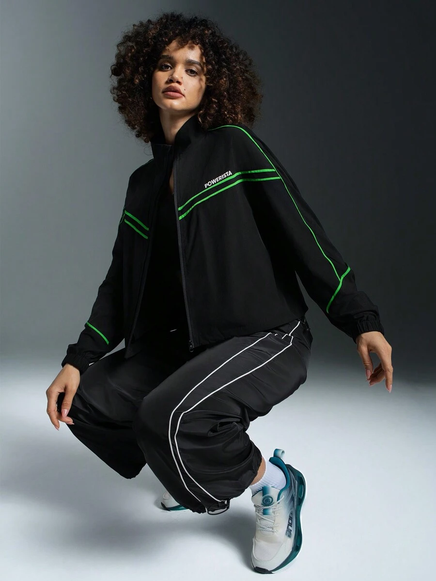Powerista 女士字母条纹印花拉链宽松运动夹克 - 黑色 - 查看 1