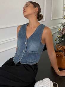 DAZY Women's Casual Simple Fashion Versatile Denim Vest - Medium Wash - View 4