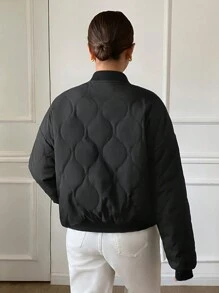 SHEIN Frenchy 女士纯色落肩长袖拉链棒球领休闲短款冬季夹克 - 黑色 - 查看 2