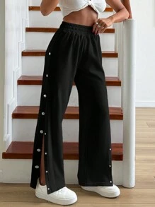 EURMUSE Plus Size Women Solid Color Cotton Wide Leg Side Detailed Sweatpant Oversized Pants - Black - View 3