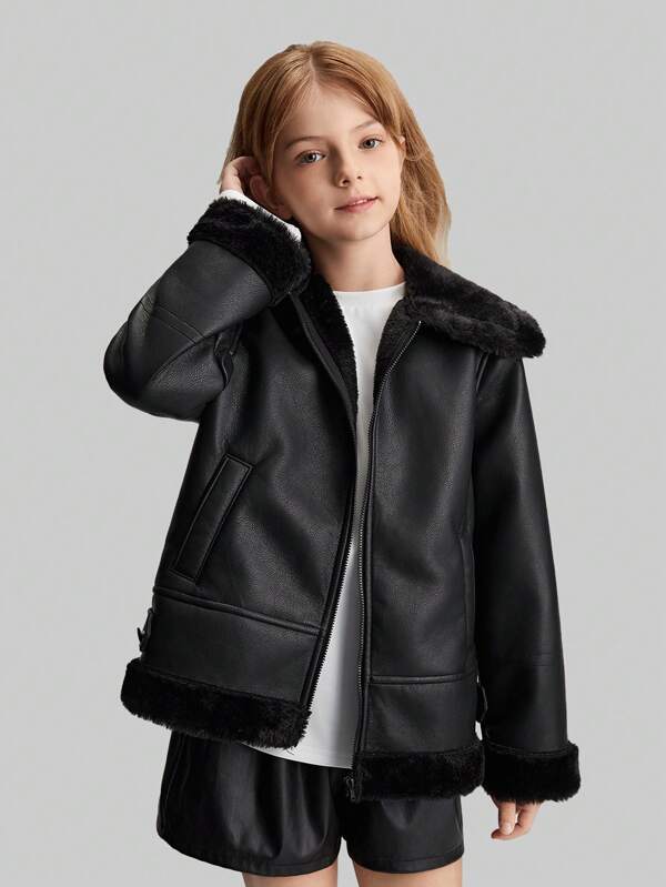 Ontre Chaqueta informal suelta para niña preadolescente de piel sintética y cuello de peluche