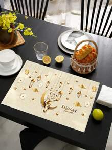 Juego de 4 individuales de lino, diseño Ramadán Kareem y Eid Mubarak, decoración de mesa de cocina y comedor, decoraciones islámicas festivas para fiestas - Multicolor - Ver 4