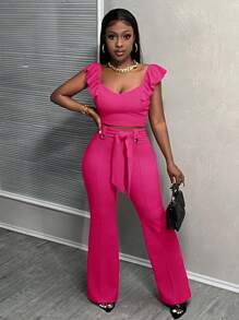 Slaydiva Elegant Sexy Commuter Red Solid Sleeveless Ruffle Trim Camisole Tank Top And Skinny Self-Tie Waist Straight Leg Pants Set - Z