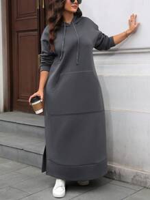 SHEIN LUNE Plus Size Women's Solid Color Hooded Dress, Autumn/Winter
