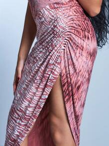 Armand Designer Boho Bohemian Women's Light Pink Zebra Velvet Ruffle Asymmetric Hem Wrap High Slit Party Dress, Elegant Vacation Outfit, For Going Out, Birthday Outfits, Spring & Summer, Beach, Festival, Ibiza Fits, Pastel, Wedding, Prom Dress - Pink - View 6