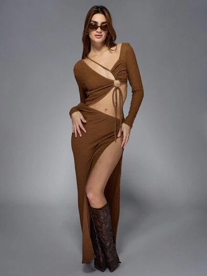 MISSGUIDED Textured Multistring Detail Cut Out LOng Sleeves Extreme Slit Maxi Dress,L