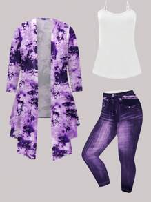 SHEIN Plus Size Women 3pcs Casual Set With Tie-Dye Printed Design Fall Cloth For Women