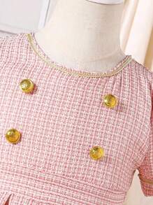 Robe A-line en tissu blanc avec bouton doré, emmanchure à manches courtes et ourlet rond pour jeune fille - Rose bonbon - Voir 3