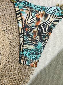 Leopard Print Metallic Trim Spaghetti Strap Triangle Bikini Top And Shorts Set Summer - Multicolor - View 8