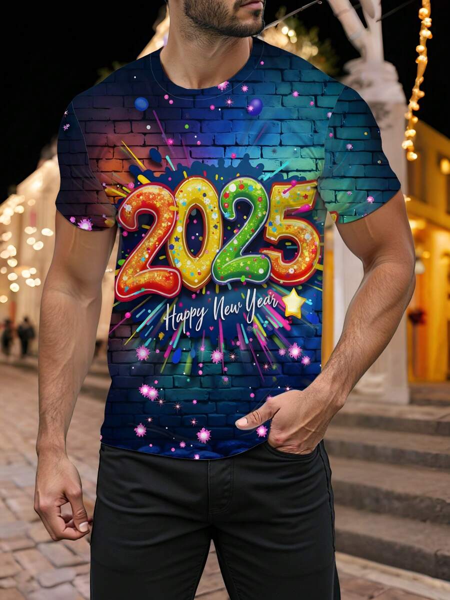 Manfinity Homme Men's Casual 2025 New Year Graffiti Colorful All-Over Print T-Shirt - Multicolor - View 1