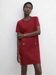 BizChic Women Metal Button Crew Neck Short Sleeve Straight Casual Sweater Dress Fall Women Outfits Winter Women Clothes - Burgundy - View 9
