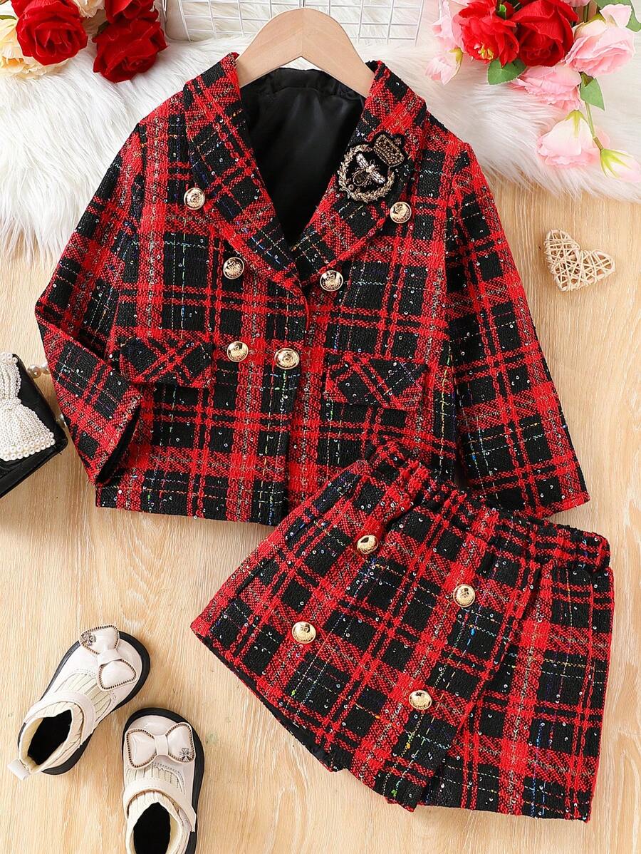 Set da 2 pezzi per giovani ragazze, composto da una giacca a quadri e una minigonna, in stile alla moda per l'autunno/inverno - Multicolore - Visualizzare 1