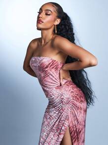 Armand Designer Boho Bohemian Women's Light Pink Zebra Velvet Ruffle Asymmetric Hem Wrap High Slit Party Dress, Elegant Vacation Outfit, For Going Out, Birthday Outfits, Spring & Summer, Beach, Festival, Ibiza Fits, Pastel, Wedding, Prom Dress - Pink - View 5