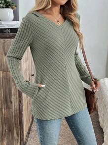 SHEIN LUNE Women's Autumn/Winter Raglan Sleeve Hoodie T-Shirt, Front Distressed Panel, Side Pockets, Casual Loose Fit