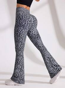 Easithlete 无缝高弹力运动瑜伽健身裤阔腿豹纹 - 灰色 - 查看 2