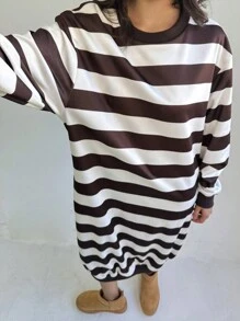 Forever 21 温暖舒适的居家棕白条纹长款连帽连衣裙 - 棕色 - 查看 3
