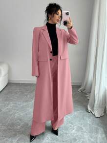 Lyxana Deep Gray Oversized Lapel Regular Shoulder Long Jacket & Pants Suit Set For Women Fall Cloth For Women - Pink - View 4