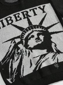 ROMWE MEN Grunge Punk Maglione girocollo da uomo con motivo della Statua della Libertà consumato