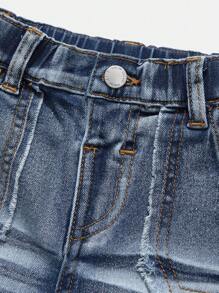 SHEIN Pantalones cortos vaqueros azules de niño con lavado desgastado retro, bolsillos con ribetes crudos, y efecto bigotes de gato, elásticos, para ropa de niños de primavera/verano y atuendos de estilo urbano