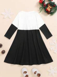 Robe pull à col rond à manches longues avec imprimé bonhomme de neige Noël, casual et confortable, pour jeunes filles - Noir et Blanc - Voir 2