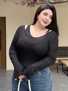 Dazy Plus Ribbed Elastic Fitted Belt Solid Color Long Sleeve Black T-Shirt, Spring/Summer/Autumn