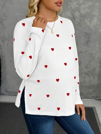 SHEIN Camiseta con abertura lateral y estampado de corazón casual para mujeres embarazadas, otoño