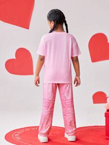 Conjunto de 2 piezas para niñas preadolescentes que incluye camiseta de manga corta con estampado de corazón rosa y pantalones largos con textura de mezquita, diseño de moda y alegre adecuado para la escuela, salidas, primavera/verano