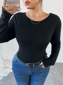 SHEIN Unity Suéter de punto con encaje en contraste talla grande, minimalista y elegante suéter de punto para otoño e invierno - Negro - Ver 3