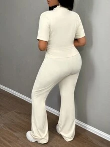 Slaydiva Plus Size Women's Casual Solid Color Short Sleeve Cropped Top And Long Flared Pants 2 Pieces Set - Apricot - View 3