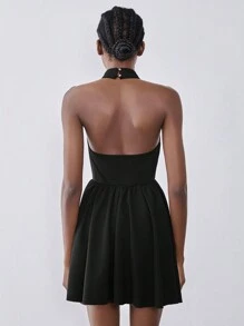 Chiquease Vintage French Style Halter Mini Dress, Little Black Dress, Elegant Open Back Fitted Dress, Mini Dress, New Year Attire - Black - View 2
