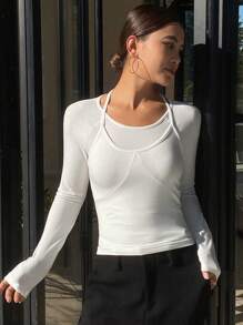 DAZY 纯色修身圆领白色长袖拼布女式 T 恤，秋季服装