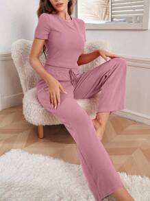 Solid Tee & Tie Waist Wide Leg Trousers Lounge Set - Dusty Pink - View 6
