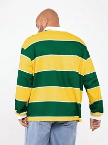 Manfinity VCAY Plus Size Men's Casual Yellow Green Striped Knit Long Sleeve Loose Polo Shirt
