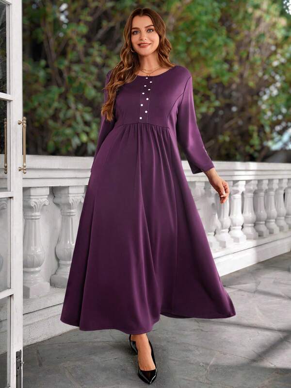 EMERY ROSE Plus Size Women Dot Print Patchwork Crew Neck Long Sleeve Casual Dress, Winter Dresses For Women