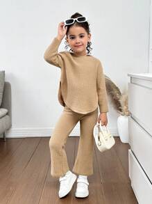 2pcs Toddler/Young Girl Autumn/Winter Textured Hoodie Sweater And Textured Knit Leggings, Suitable For Casual Everyday Wear - Apricot - View 1