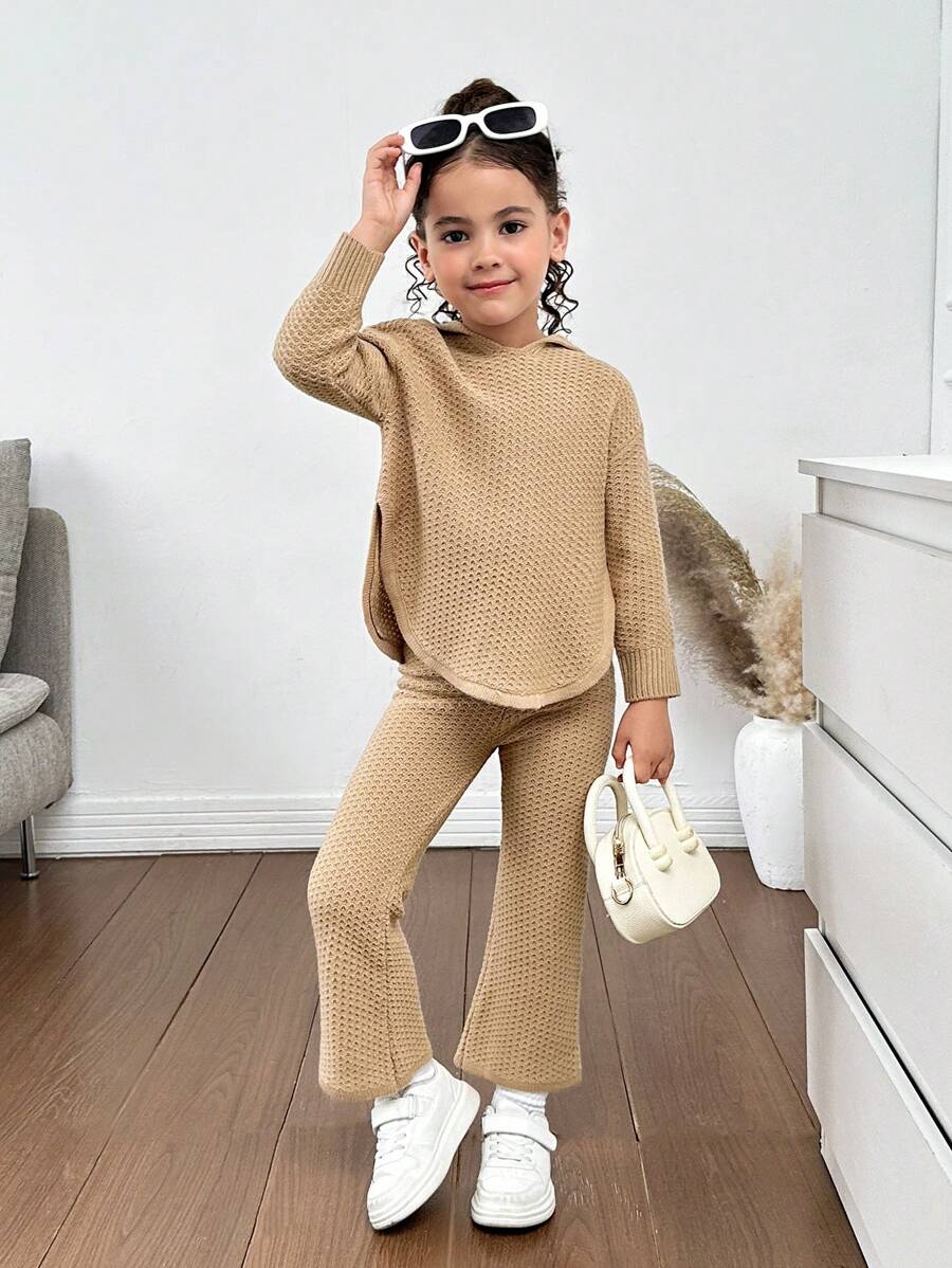 2pcs Toddler/Young Girl Autumn/Winter Textured Hoodie Sweater And Textured Knit Leggings, Suitable For Casual Everyday Wear - Apricot - View 1