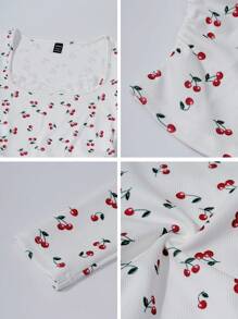 Chiquease Camiseta de manga larga y ajustada con parches de encaje, pequeño estampado de cerezas y cuello redondo, moda para camisetas gráficas de mujer en otoño/invierno 2024, tops para mujer en primavera y otoño - Blanco - Ver 5